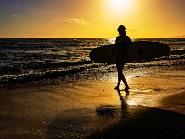 sunset surf maui hawaii longboard surfboard surfer girl